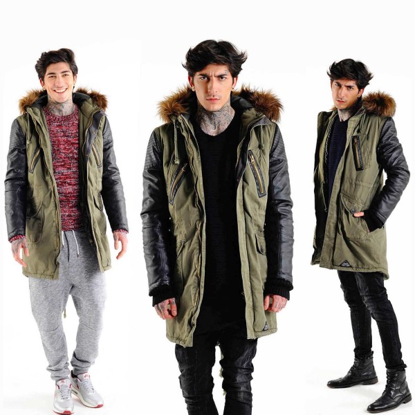 Parka with Leatherlook Sleeves khaki